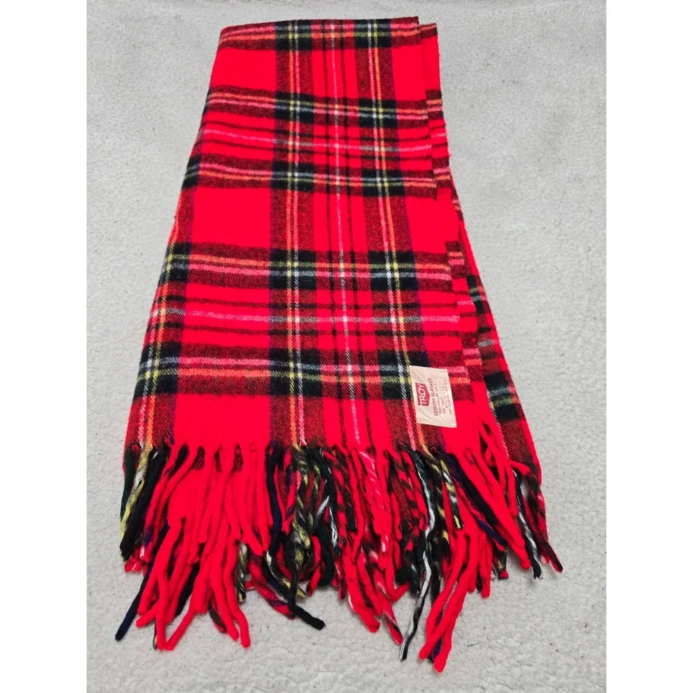 Vintage Troy Leisure Blanket Red Plaid Tartan Fringe Throw Made in USA 51x60